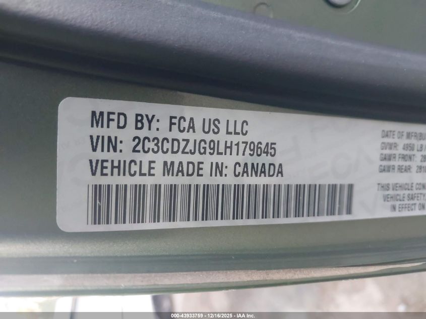 2020 Dodge Challenger Gt 50Th Anniversary VIN: 2C3CDZJG9LH179645 Lot: 43933759