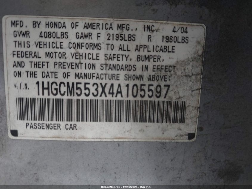 2004 Honda Accord 2.4 Lx VIN: 1HGCM553X4A105597 Lot: 43933765