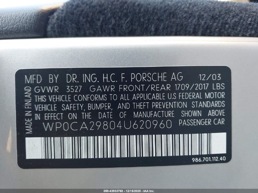 2004 Porsche Boxster VIN: WP0CA29804U620960 Lot: 43933768