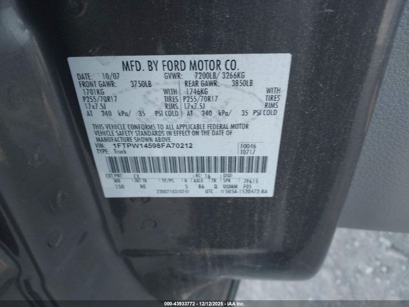 2008 Ford F-150 60Th Anniversary/Fx4/King Ranch/Lariat/Limited/Xlt VIN: 1FTPW14598FA70212 Lot: 43933772