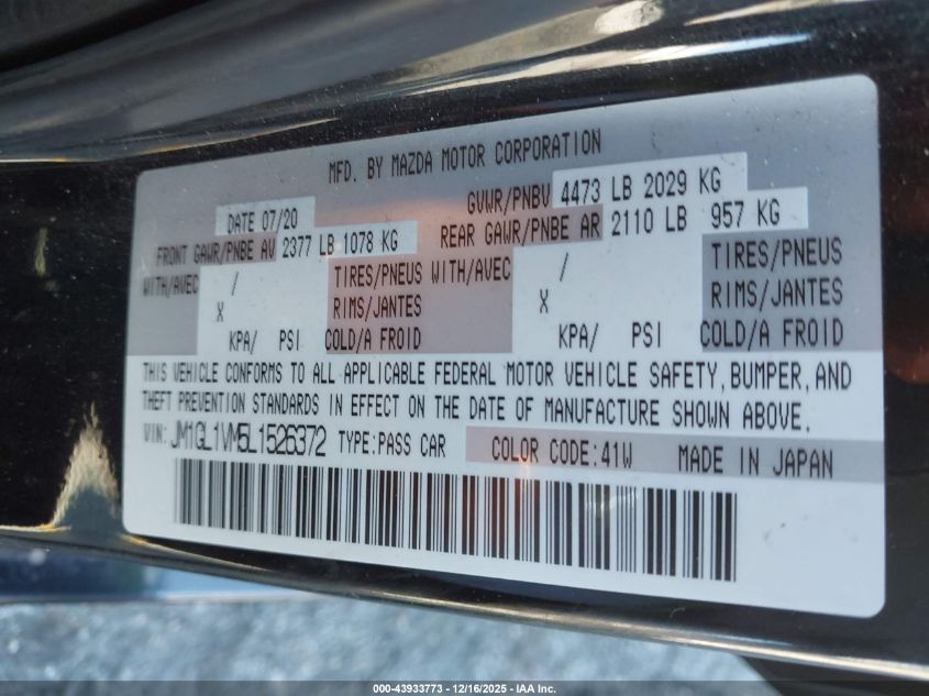 2020 Mazda Mazda6 Touring VIN: JM1GL1VM5L1526372 Lot: 43933773