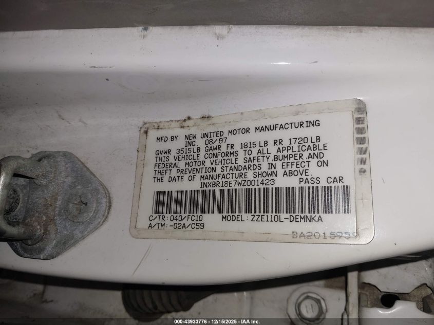 1998 Toyota Corolla Le VIN: 1NXBR18E7WZ001423 Lot: 43933776