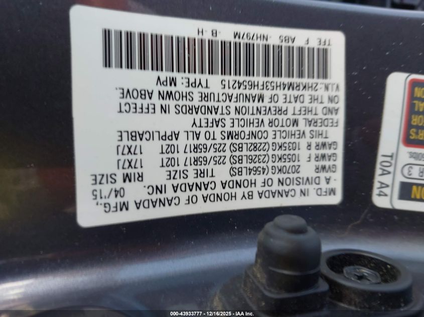 2015 Honda Cr-V Ex VIN: 2HKRM4H53FH654215 Lot: 43933777