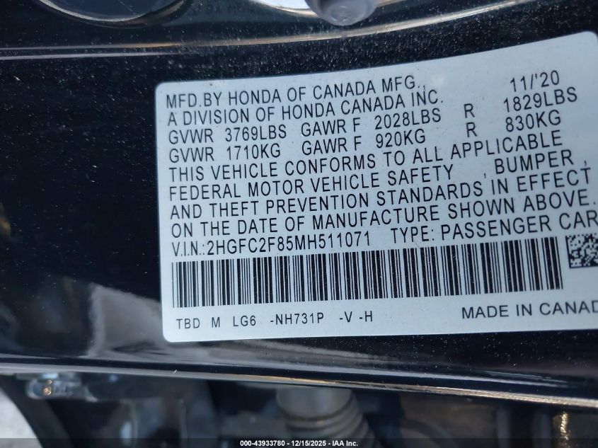 2021 Honda Civic Sport VIN: 2HGFC2F85MH511071 Lot: 43933780