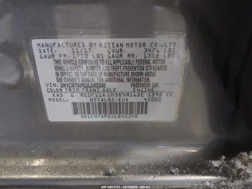 2018 Nissan Versa 1.6 Sv VIN: 3N1CN7AP0JL840340 Lot: 43933781