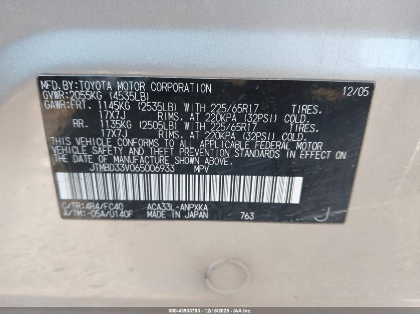 2006 Toyota Rav4 VIN: JTMBD33V065006933 Lot: 43933783