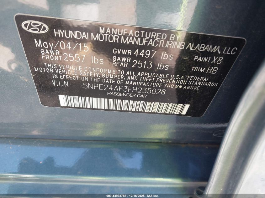 2015 Hyundai Sonata Se VIN: 5NPE24AF3FH235028 Lot: 43933788
