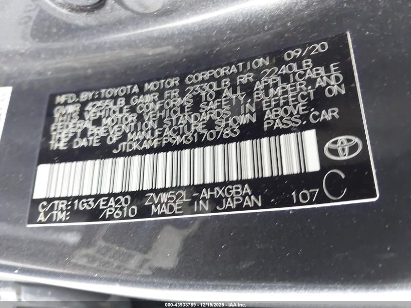 2021 Toyota Prius Prime Xle VIN: JTDKAMFP9M3170783 Lot: 43933789