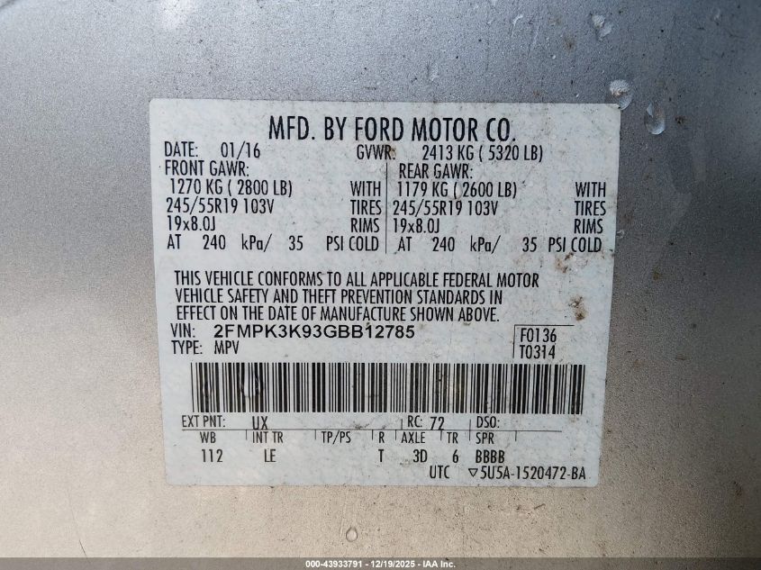 2016 Ford Edge Titanium VIN: 2FMPK3K93GBB12785 Lot: 43933791