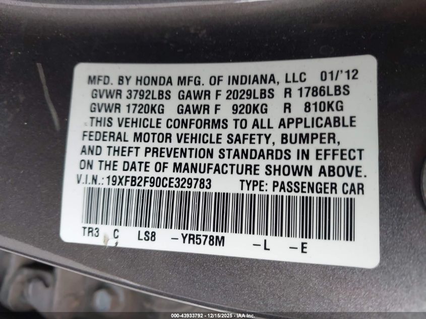 2012 Honda Civic Ex-L VIN: 19XFB2F90CE329783 Lot: 43933792