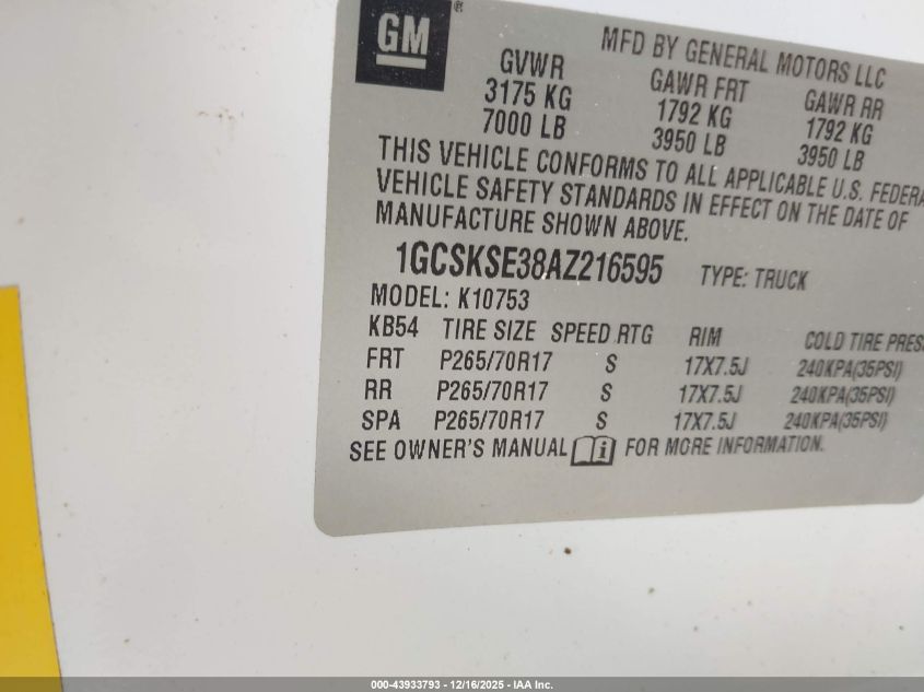 2010 Chevrolet Silverado 1500 Lt VIN: 1GCSKSE38AZ216595 Lot: 43933793