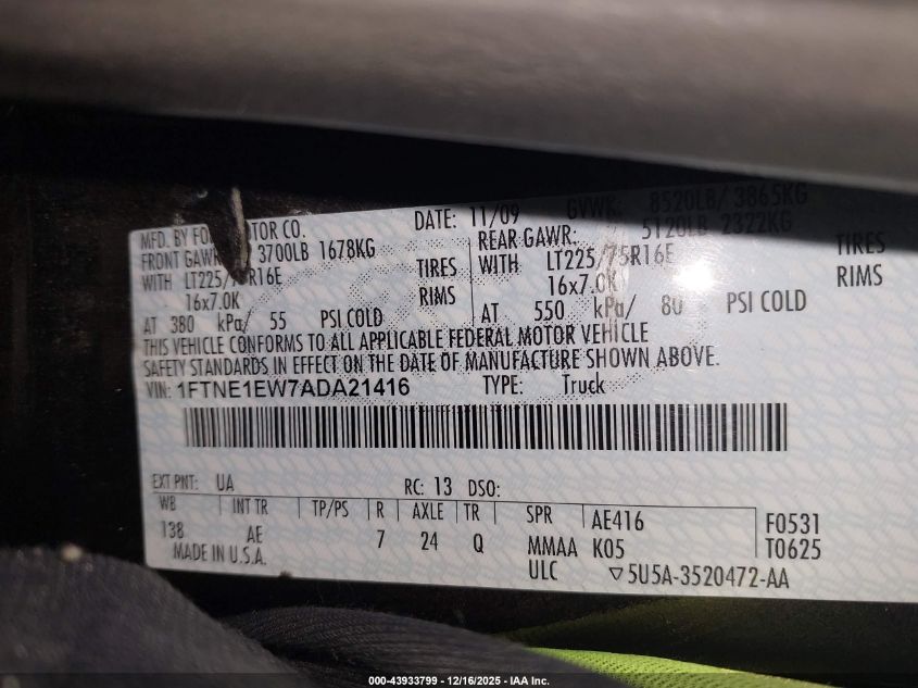 2010 Ford E-150 Commercial/Recreational VIN: 1FTNE1EW7ADA21416 Lot: 43933799