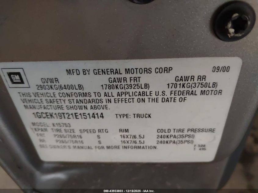 2001 Chevrolet Silverado 1500 Ls VIN: 1GCEK19T21E151414 Lot: 43933803