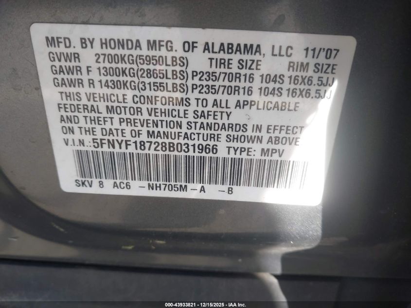 2008 Honda Pilot Ex-L VIN: 5FNYF18728B031966 Lot: 43933821