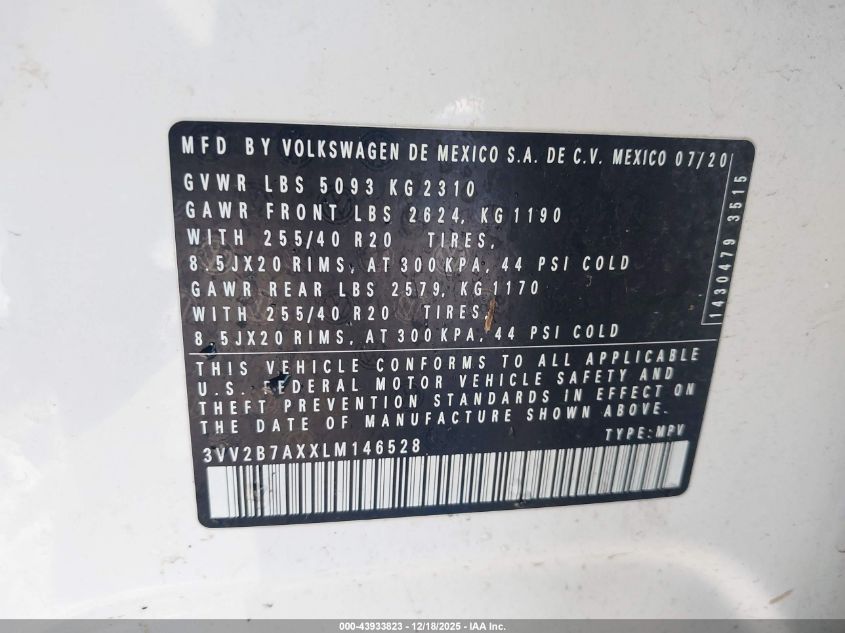 2020 Volkswagen Tiguan 2.0T Se/2.0T Se R-Line Black/2.0T Sel VIN: 3VV2B7AXXLM146528 Lot: 43933823