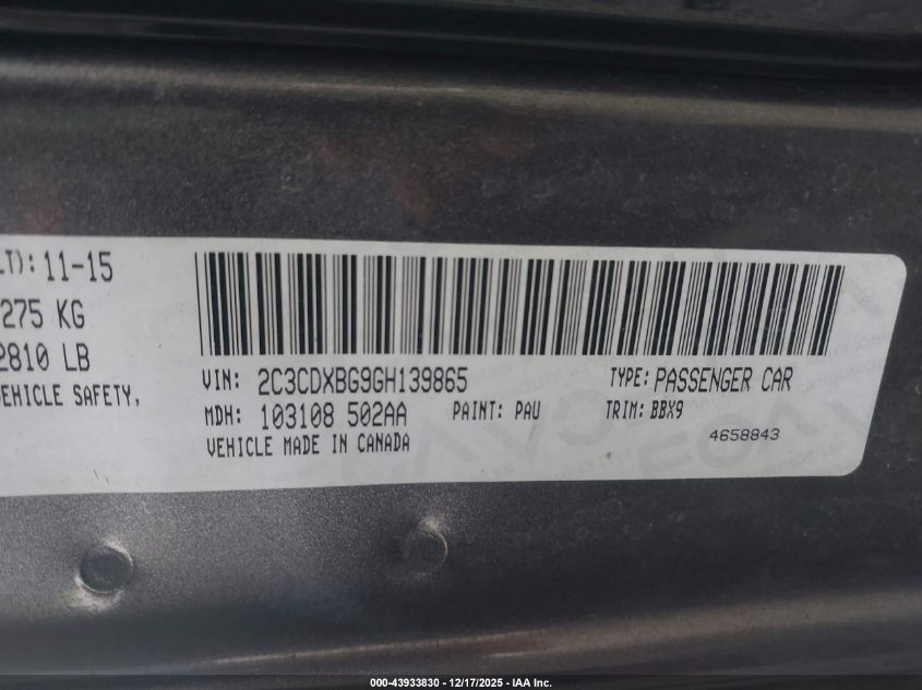 2016 Dodge Charger Se VIN: 2C3CDXBG9GH139865 Lot: 43933830