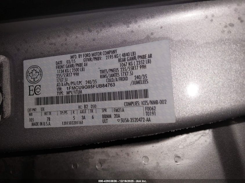 2015 Ford Escape Se VIN: 1FMCU9G95FUB84763 Lot: 43933836