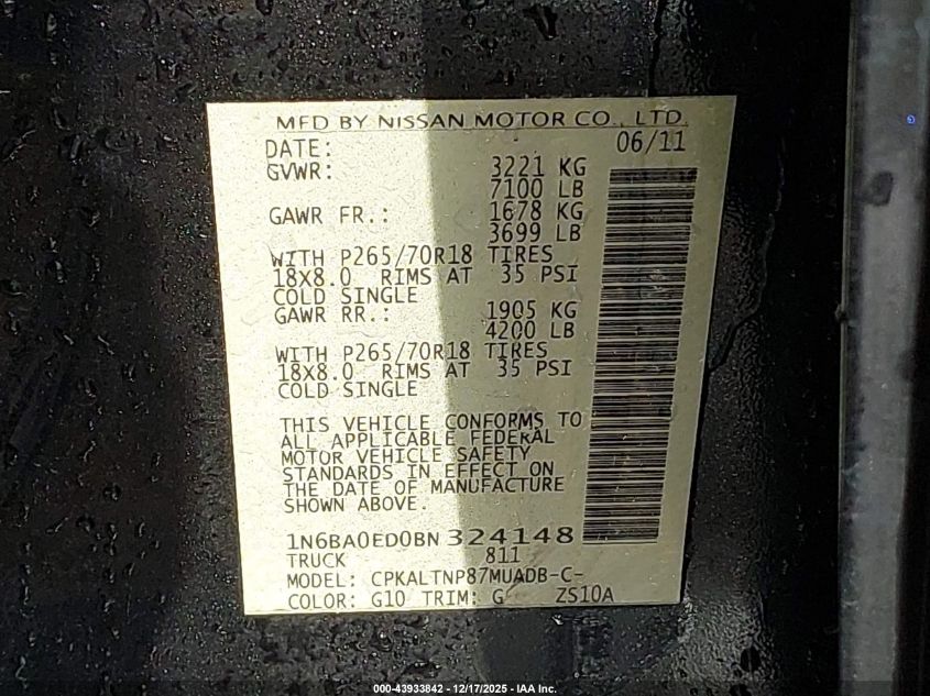 2011 Nissan Titan Sv VIN: 1N6BA0ED0BN324148 Lot: 43933842