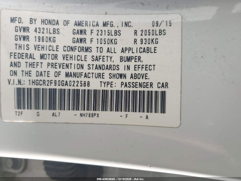 2016 Honda Accord Ex-L VIN: 1HGCR2F90GA022588 Lot: 43933845