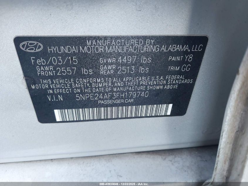 2015 Hyundai Sonata Se VIN: 5NPE24AF3FH179740 Lot: 43933846