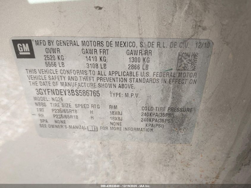 2011 Cadillac Srx Luxury Collection VIN: 3GYFNDEY3BS586765 Lot: 43933848