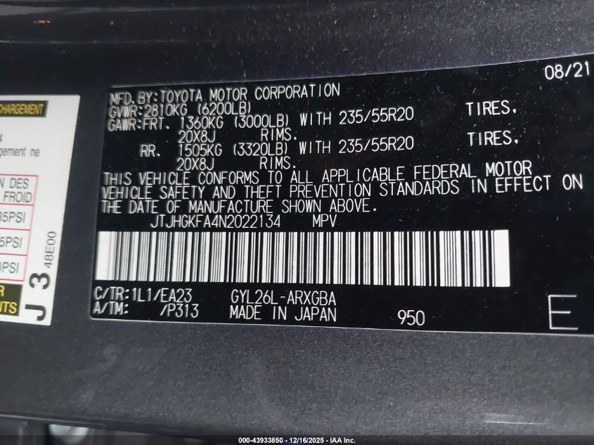 2022 Lexus Rx 450Hl VIN: JTJHGKFA4N2022134 Lot: 43933850