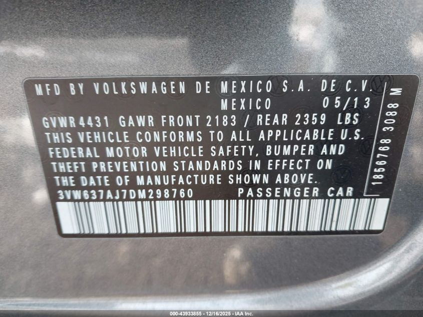 2013 Volkswagen Jetta Hybrid Sel Premium VIN: 3VW637AJ7DM298760 Lot: 43933855