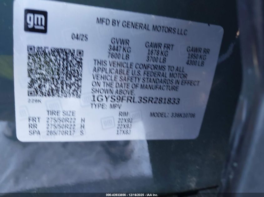 2025 Cadillac Escalade Sport VIN: 1GYS9FRL3SR281833 Lot: 43933856