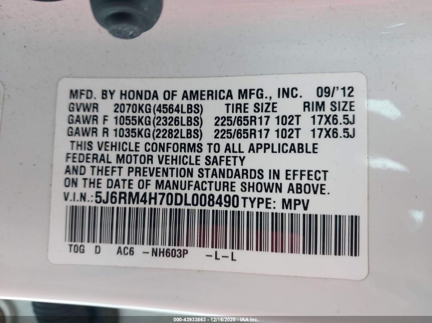 2013 Honda Cr-V Ex-L VIN: 5J6RM4H70DL008490 Lot: 43933863