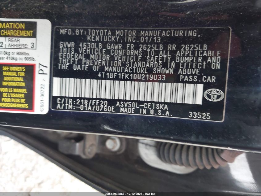 2013 Toyota Camry Se VIN: 4T1BF1FK1DU219033 Lot: 43933867