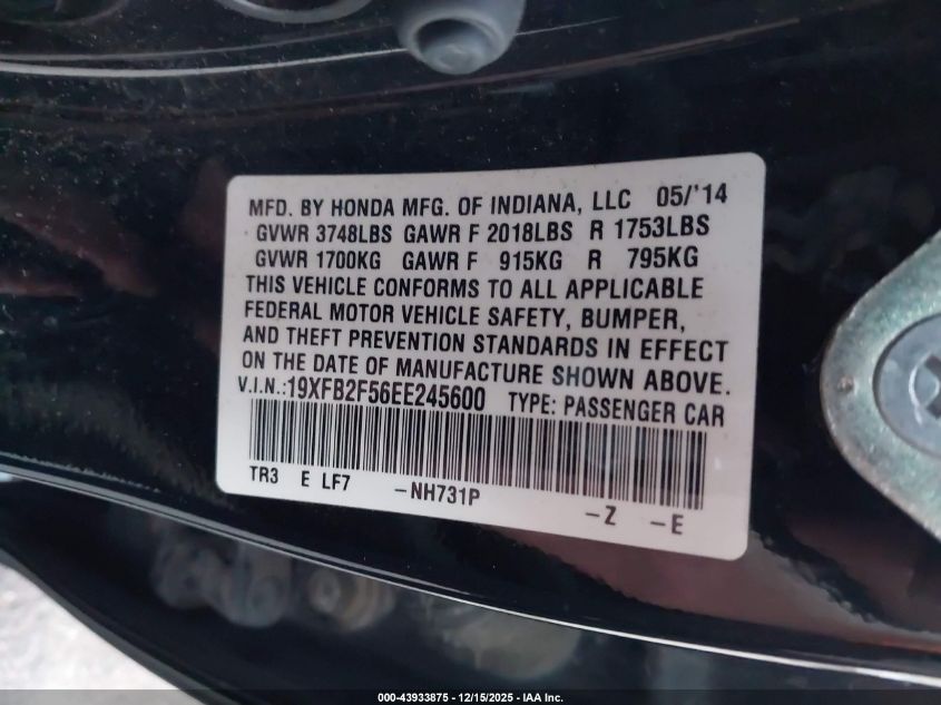 2014 Honda Civic Lx VIN: 19XFB2F56EE245600 Lot: 43933875