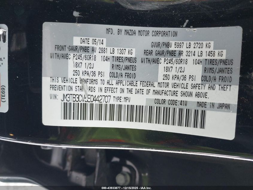 2014 Mazda Cx-9 Touring VIN: JM3TB3CV5E0442707 Lot: 43933877