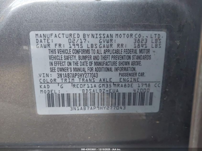 2017 Nissan Sentra Sv VIN: 3N1AB7AP9HY277043 Lot: 43933881