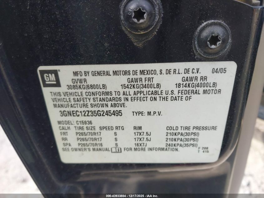 2005 Chevrolet Avalanche 1500 Z66 VIN: 3GNEC12Z35G245495 Lot: 43933884