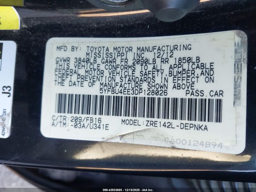 2013 Toyota Corolla Le VIN: 5YFBU4EE3DP128026 Lot: 43933885