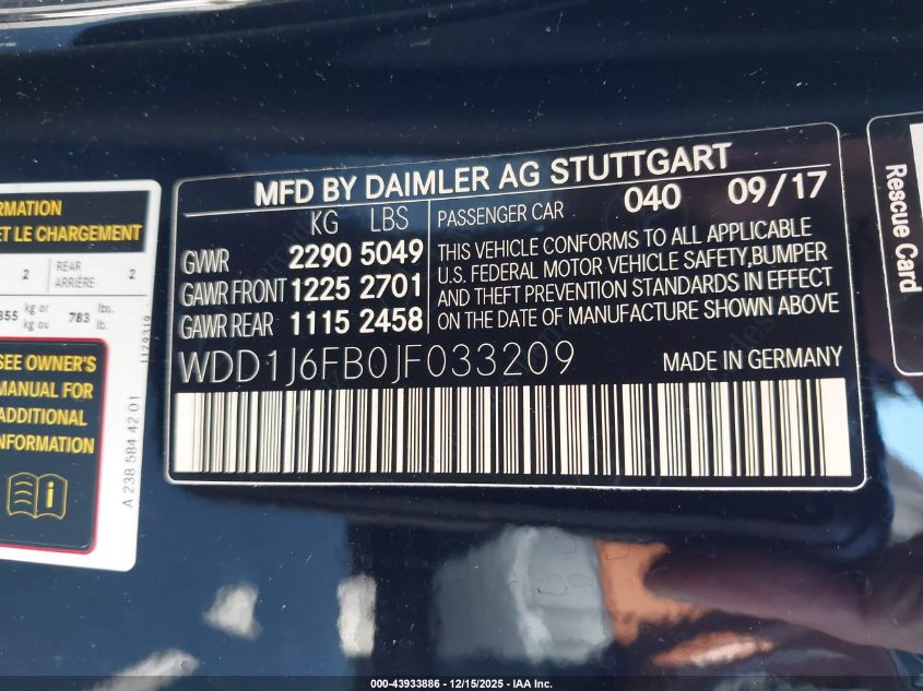 2018 Mercedes-Benz E 400 VIN: WDD1J6FB0JF033209 Lot: 43933886