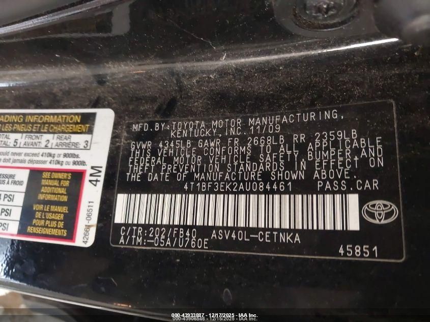 2010 Toyota Camry Le VIN: 4T1BF3EK2AU084461 Lot: 43933887