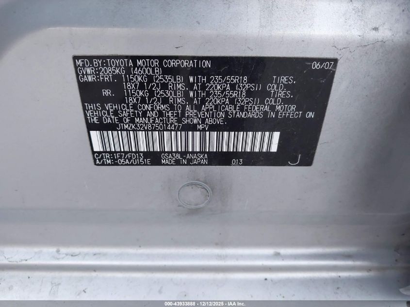 2007 Toyota Rav4 Sport V6 VIN: JTMZK32V875014477 Lot: 43933888