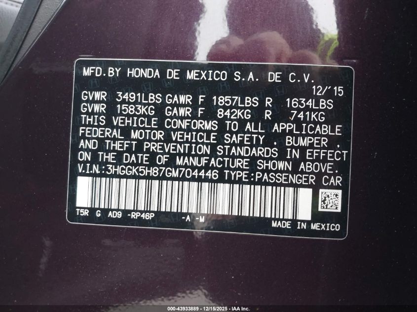 2016 Honda Fit Ex-L VIN: 3HGGK5H87GM704446 Lot: 43933889