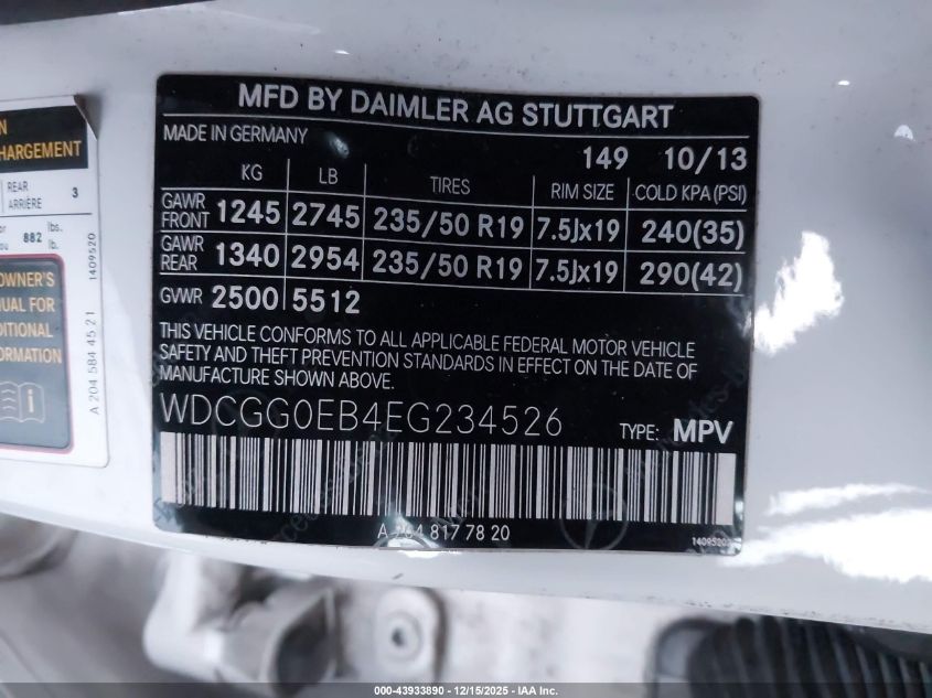 2014 Mercedes-Benz Glk 250 Bluetec 4Matic VIN: WDCGG0EB4EG234526 Lot: 43933890