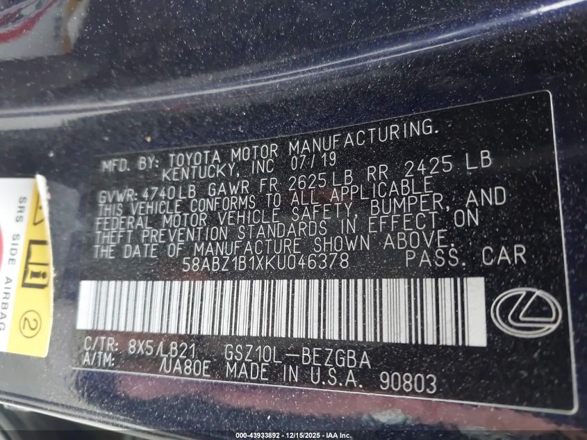 2019 Lexus Es 350 Luxury VIN: 58ABZ1B1XKU046378 Lot: 43933892