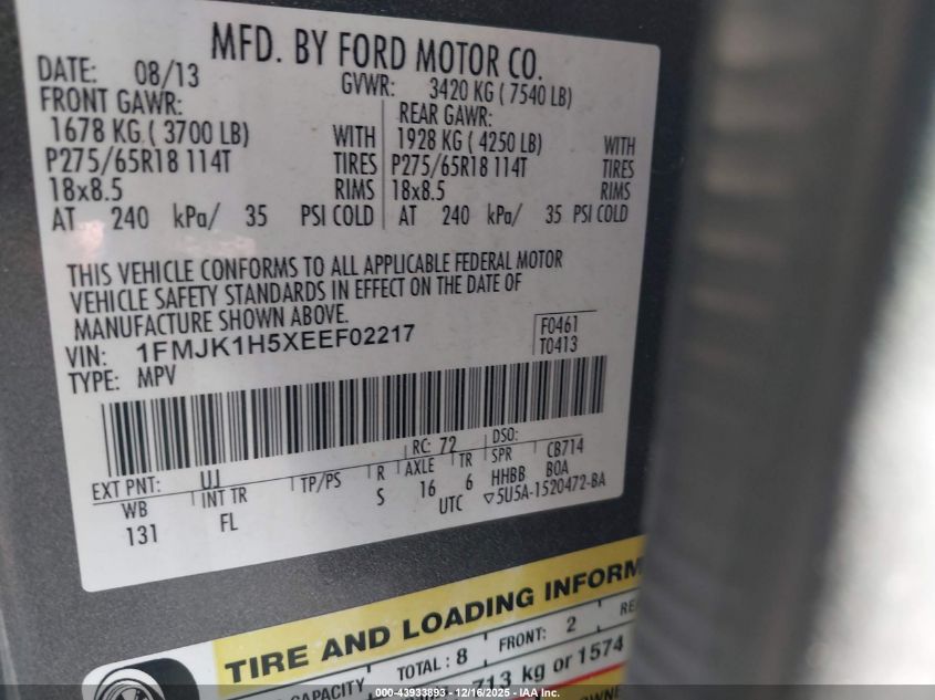 2014 Ford Expedition El Xlt VIN: 1FMJK1H5XEEF02217 Lot: 43933893