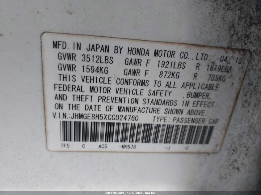 2012 Honda Fit Sport VIN: JHMGE8H5XCC024760 Lot: 43933895