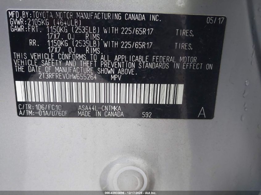 2017 Toyota Rav4 Xle VIN: 2T3RFREV0HW655264 Lot: 43933896