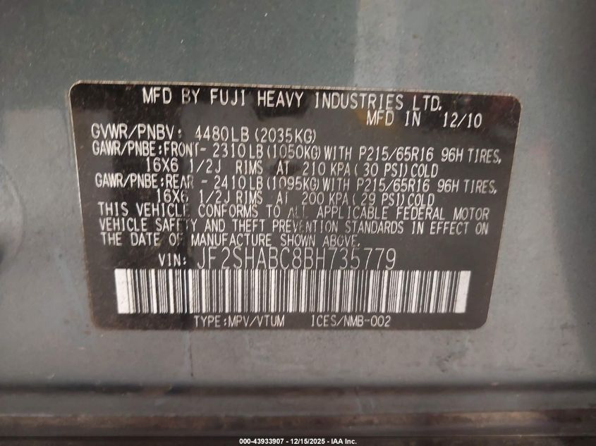 2011 Subaru Forester 2.5X VIN: JF2SHABC8BH735779 Lot: 43933907