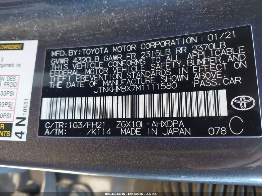 2021 Toyota C-Hr Le VIN: JTNKHMBX7M1111580 Lot: 43933915