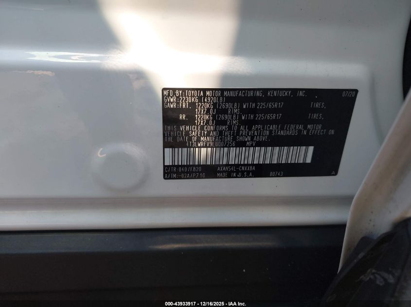 2020 Toyota Rav4 Hybrid Le VIN: 4T3LWRFV9LU007256 Lot: 43933917