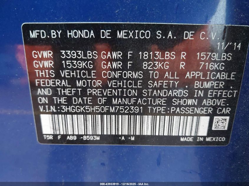 2015 Honda Fit Lx VIN: 3HGGK5H50FM752391 Lot: 43933919