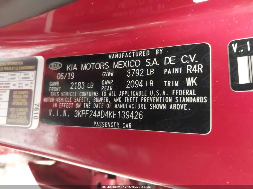 2019 Kia Forte Lxs VIN: 3KPF24AD4KE139426 Lot: 43933921