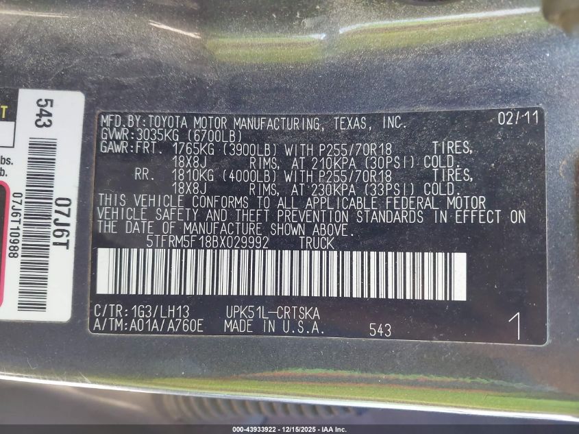 2011 Toyota Tundra Grade 4.6L V8 VIN: 5TFRM5F18BX029992 Lot: 43933922